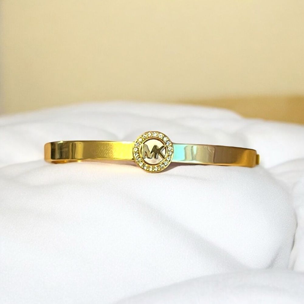 Michael Kors Logo Mother Of Pearl Gold Hinged Bangle With Box - Picture 2 of 9